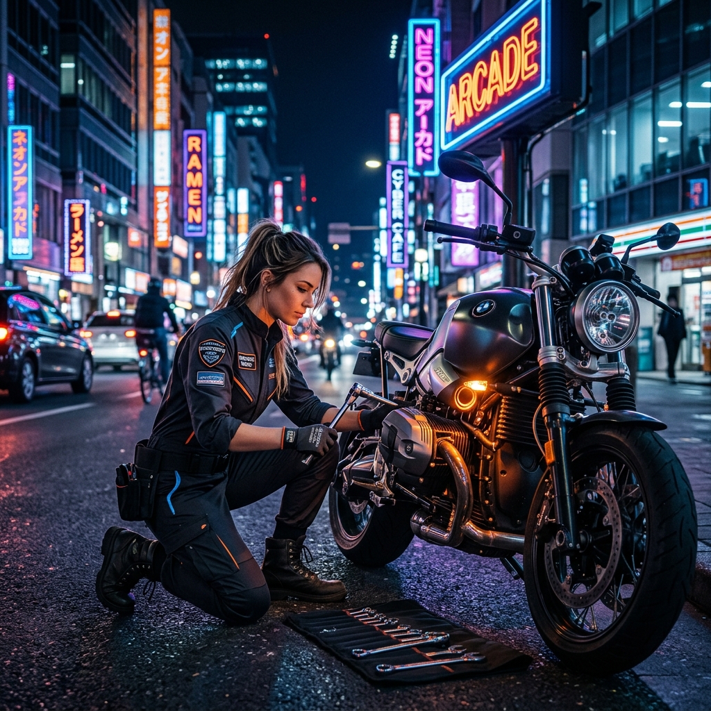 Mechanic fixing motorcycle at night